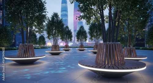 City park with modern benches and trees illuminated at night with buildings