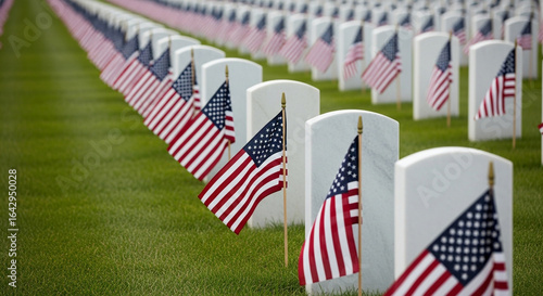 Endless rows of headstones at a national military cemetery each adorned with an American flag a somber and powerful tribute to fallen heroes on Memorial Day