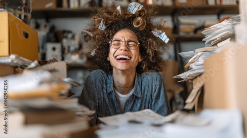 An overwhelmed small business owner surrounded by order forms and half-packed boxes