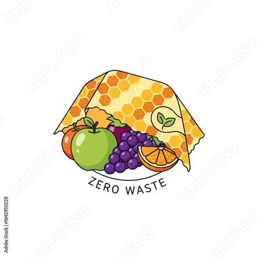 A colorful graphic promoting zero waste, featuring fruits wrapped in beeswax wraps.