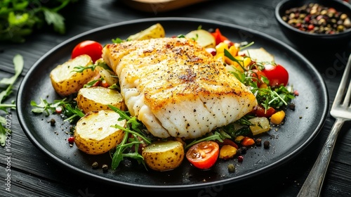 Fish dish - fried cod fillet with potatoes and vegetable salad on black wooden table