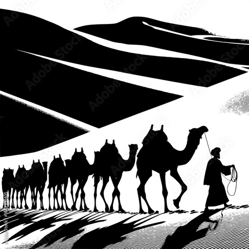 Camel Caravan in Desert