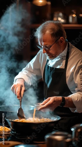 A man is cooking food in a kitchen