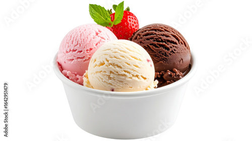 Assorted ice cream scoops in white dessert cup isolated on transparent background