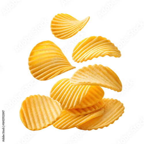 Crispy ridged potato chips falling isolated on transparent background