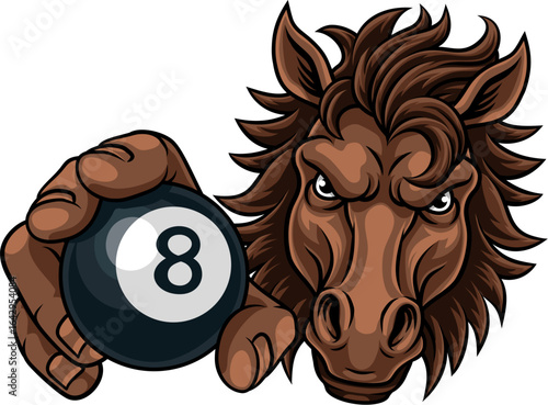Horse mustang bronco stallion angry pool billiards sports team mascot holding a ball.