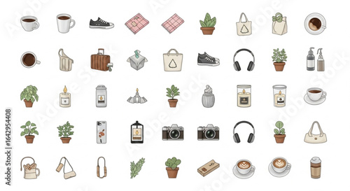 Collection of various everyday objects, including beverages, plants, bags, shoes, and electronics, arranged in a grid pattern.