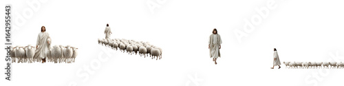 Shepherd with Flock of Sheep on White Background, Jesus Christ Concept