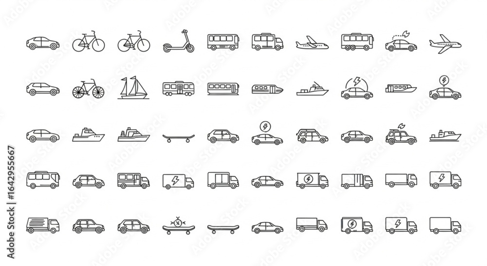 Fototapeta premium A collection of various transportation icons, including cars, boats, and aircraft, presented in a simple, outlined style.