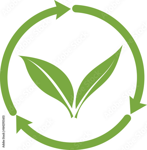 Green leaf icon with arrow sign vector design. recyclable and bio degradable stamp,logo,sticker vector isolated on background.