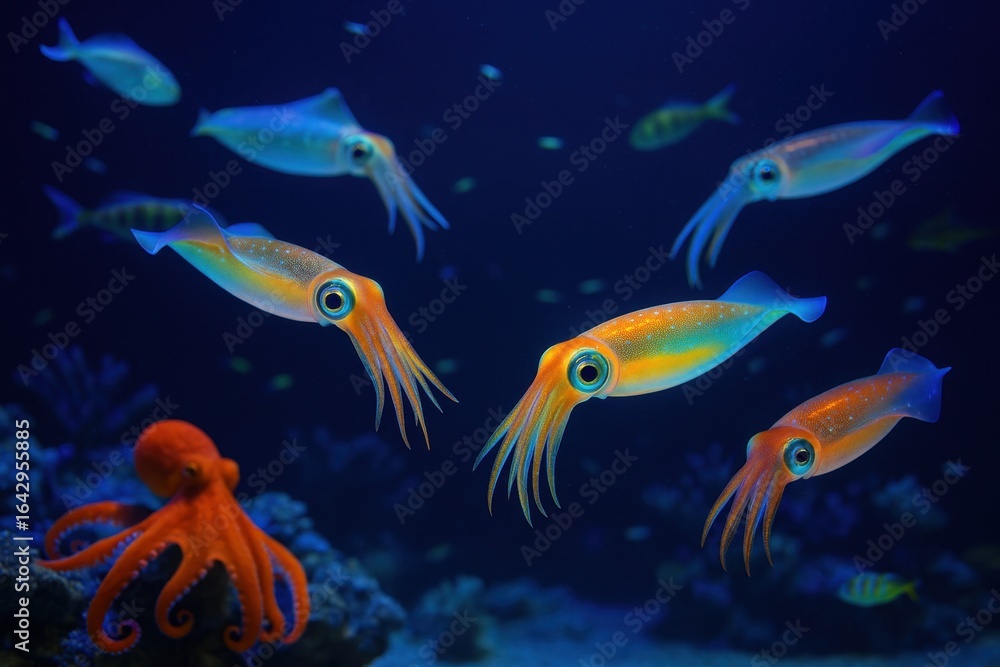 Naklejka premium Bioluminescent Squid and Octopus in Aquarium Exhibit