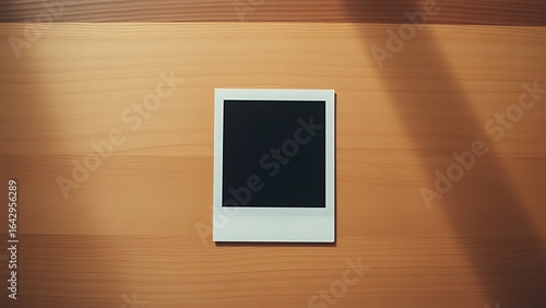 A vintage polaroid frame on a wooden table, captured from an overhead angle in minimalist style.