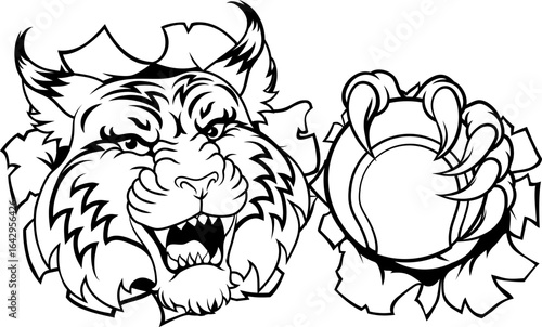 A wildcat or bobcat with a tennis ball sports team animal cartoon mascot