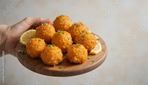 Hand holding wooden board with arancini rice balls, lemon slices, and thyme sprigs