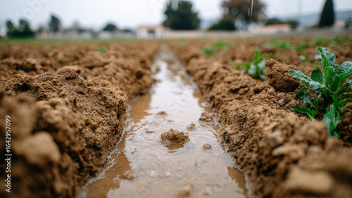 Close-up of muddy furrow in agricultural field after rain.