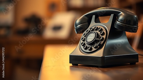 Vintage rotary telephone on wooden table with warm lighting and blurred background.