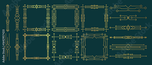 Geometric art deco ornament vector set. Luxury golden decorative elements with different lines, frames, headers, dividers and borders. Set of elegant design suitable for card, invitation, poster.
