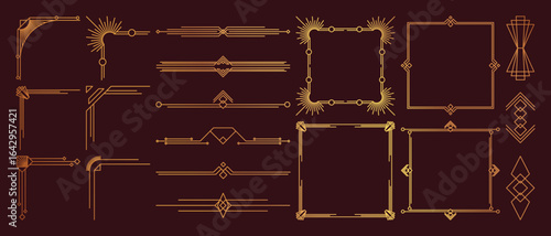 Geometric art deco ornament vector set. Luxury golden decorative elements with different lines, frames, headers, dividers and borders. Set of elegant design suitable for card, invitation, poster.