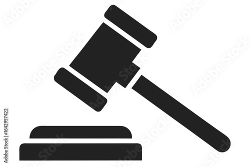 A black gavel rests on its block, isolated on white background