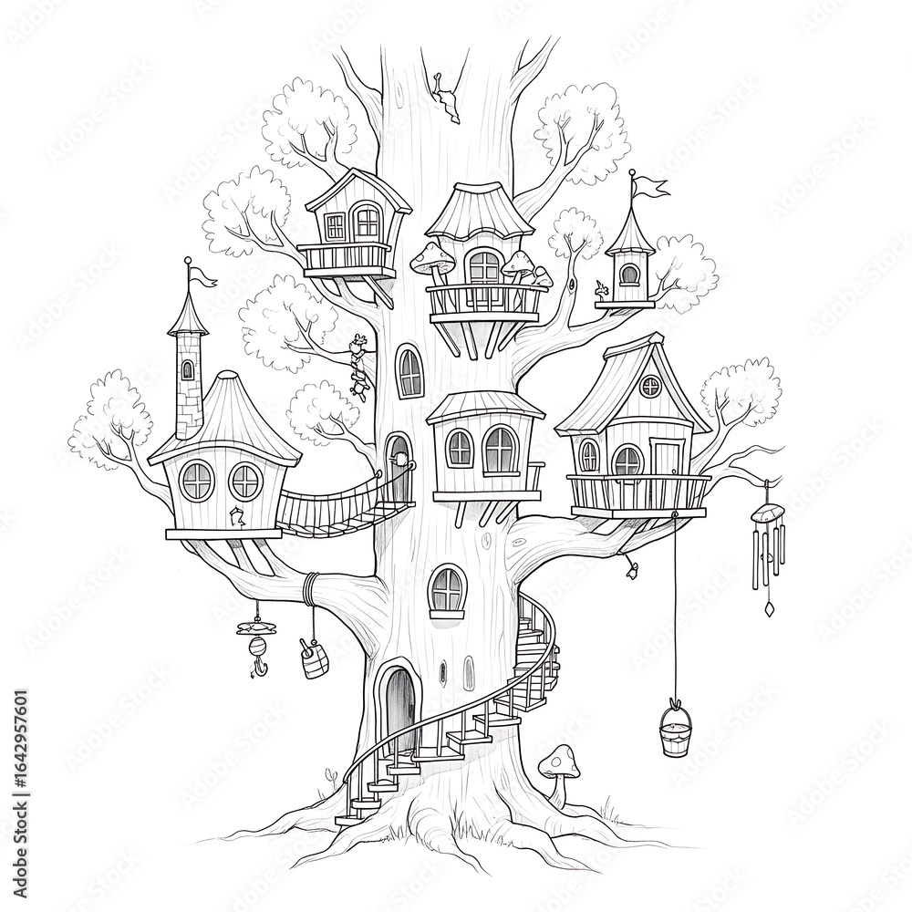 custom made wallpaper toronto digitalAi generated image of whimsical treehouse with multiple houses on branches isolated on white background
