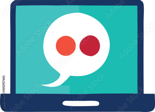 Modern laptop displaying a white speech bubble with two red dots representing communication and dialogue