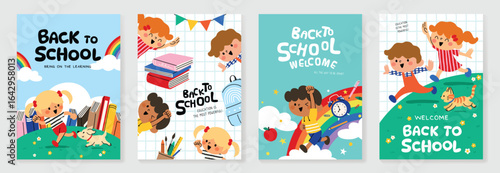 Back to school vector poster. Study Background design with children, lawn and education school supplies element. Kids hand drawn flat design for poster, wallpaper, website and cover template.
