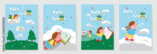 Back to school vector poster. Study Background design with children, lawn and education school supplies element. Kids hand drawn flat design for poster, wallpaper, website and cover template.