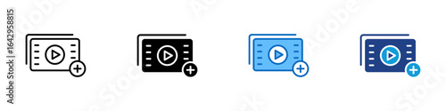 Add Video Multi Style Icon Design Vector - Video window with plus symbol indicates adding new media or uploading content