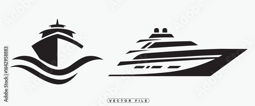 Black and white vector illustration of luxury yachts and cruise ships on water