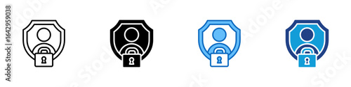Data Privacy Multi Style Icon Design Vector - Shield with person and lock, symbolizing user privacy, identity protection, or data security