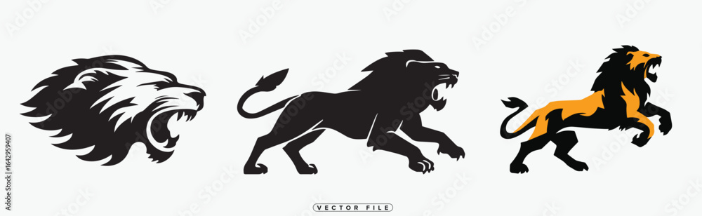 Obraz premium Black and Orange Lion Head and Body Silhouette Vector Illustrations