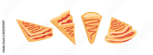 Set of crepe with strawberry jam. Sweet crepe. Crepes collection. Crepes illustration. Street food.