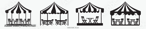 Black silhouettes of various striped tents with tables and chairs inside