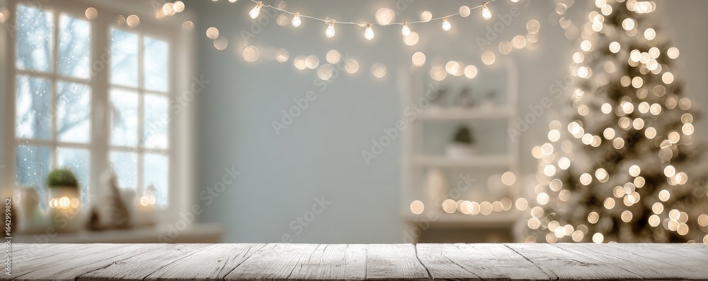 Naklejka premium Empty wooden table in front of a blurred Christmas scene with a window, lights, and tree