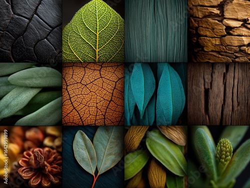 This collection of images showcases exquisite close-ups of various natural textures, including leaves, bark, and wood, captured with high clarity and detail. Ideal for wallpapers, desktop backgrounds,