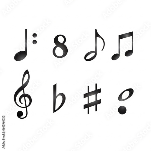 Collection of musical notation symbols including notes, clef, sharps, flats, and time signature.