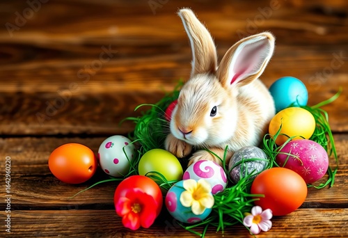 A whimsical Easter bunny surrounded by vibrantly colored eggs rests on a rustic wooden table,  festive background,  spring holiday