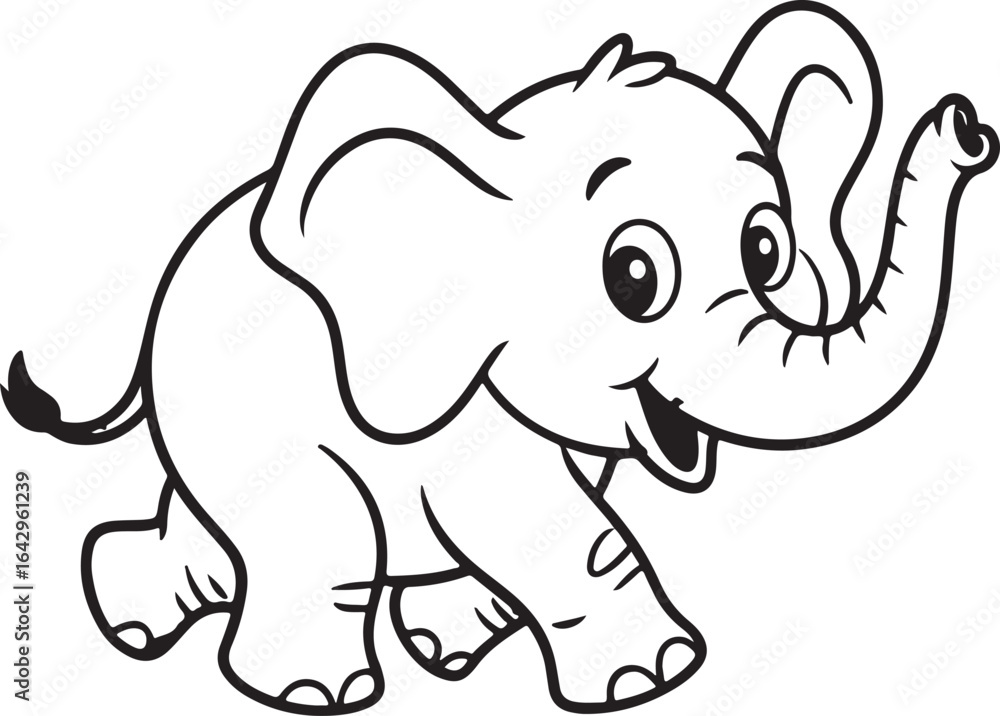 Fototapeta premium Cute Baby Elephant Cartoon Outline Illustration Happy Smiling Animal with Trunk Up and Playful Attitude Perfect for Childrens Books and Coloring Pages
