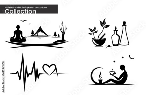 Wellness and Holistic Health Vector Icon Collection – Meditation, Natural Remedies, and Relaxation Symbols

