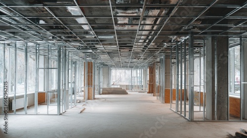 Contemporary office under construction, suspended ceiling grid visible, drywall partition walls, neat and organized site, modern design focus