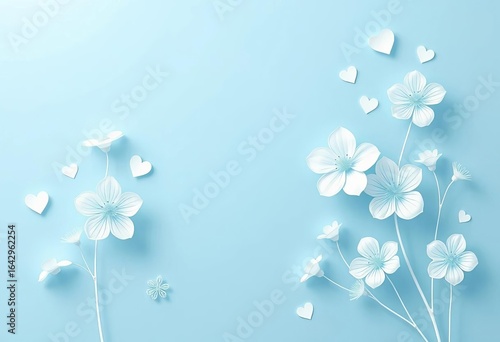 Pastel blue background, delicate white hand-drawn flowers & hearts, whimsical dreamy design,  love,  romantic