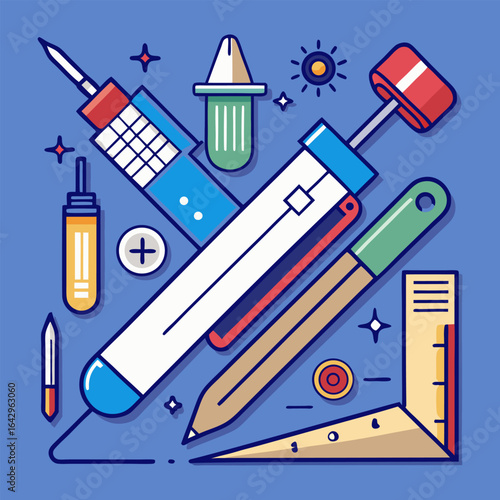 Tools for building a miniature model image. Cartoon style. Vector illustration.