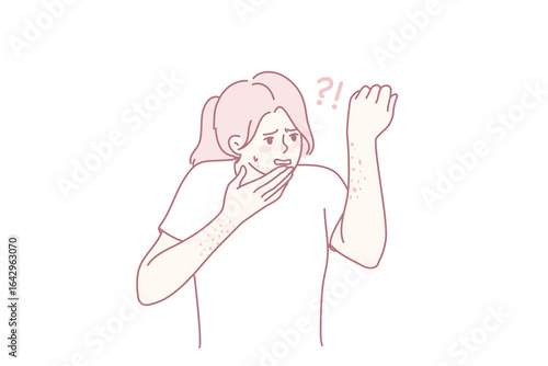 Confused young woman frustrated with red spots or marks on body. Shocked girl having rash or dermatitis on hands and face. Healthcare and allergy problem concept. Vector illustration.