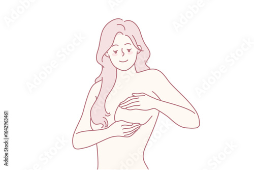 Young woman touching breast preventing cancer. Female doing self-examination for diagnosis or prevention of oncology. Healthcare and medicine concept. Vector illustration.