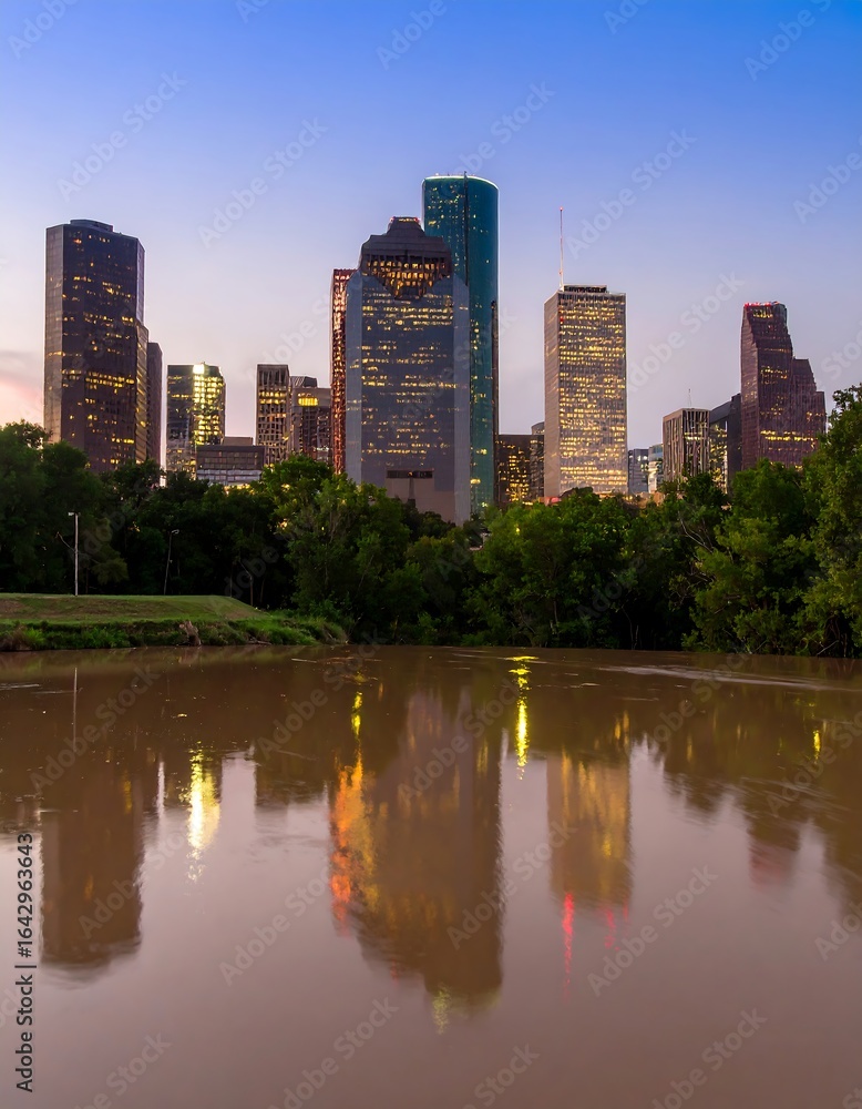 Naklejka premium City skyline reflected in calm, murky water at dusk