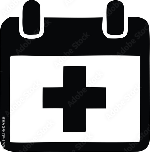 Simple black and white icon of a calendar page displaying a bold black cross symbol for medical appointments or healthcare scheduling