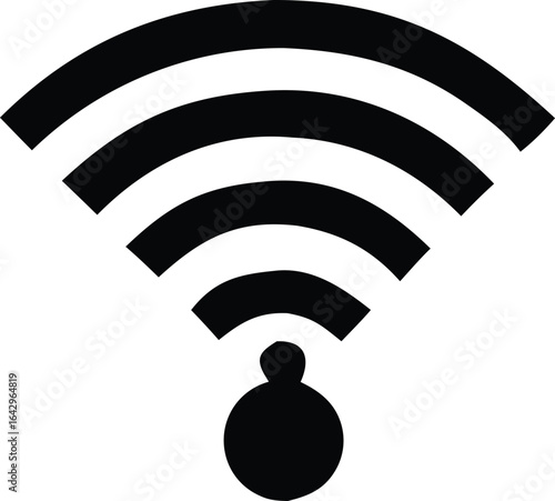 A minimalist black and white graphic depicting a wi fi signal emanating from a circular base symbolizing wireless connectivity and network access