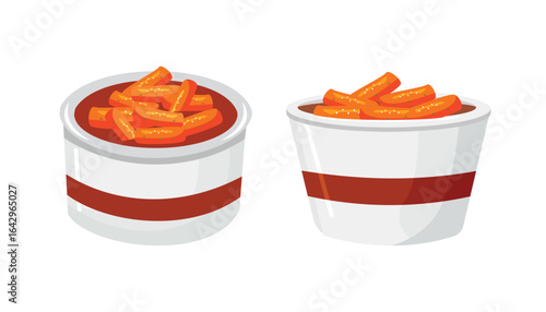 Set of tteokbokki illusration. Paper bowl of tteokbokki. Korean dishes. Korean spicy rice cake. Asian street food.