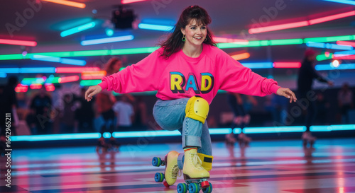 A happy woman wearing a 'RAD' magenta sweater and protective gear is roller skating with a big smile on her face in a colorful, neon-lit 80's themed roller skate rink.