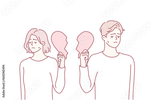 Unhappy couple holding pieces of broken heart suffer from breakup or divorce. Sad upset man and woman struggle with split or separation. Relationships over. Vector illustration.